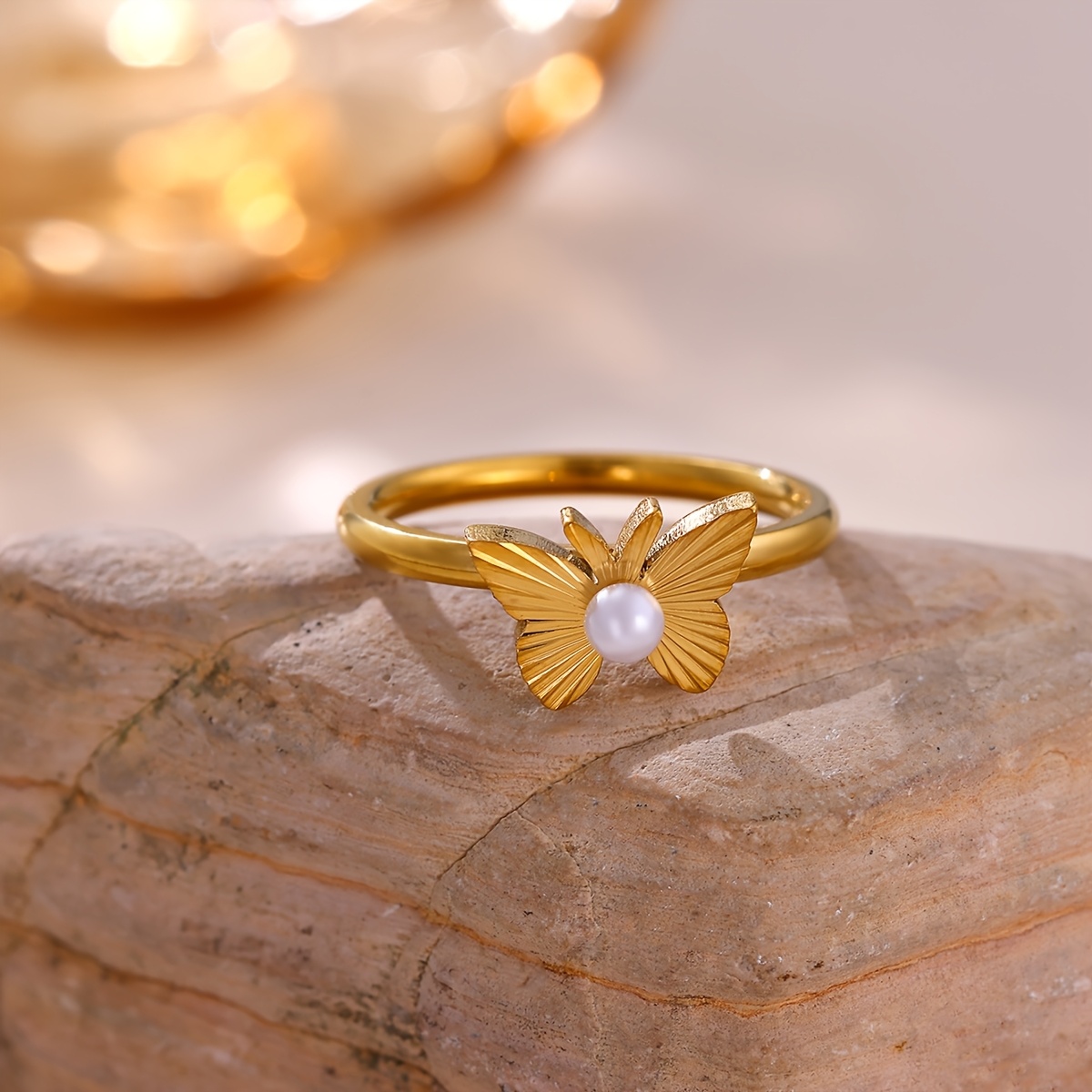 Women's Golden Butterfly Ring with Imitation Stones